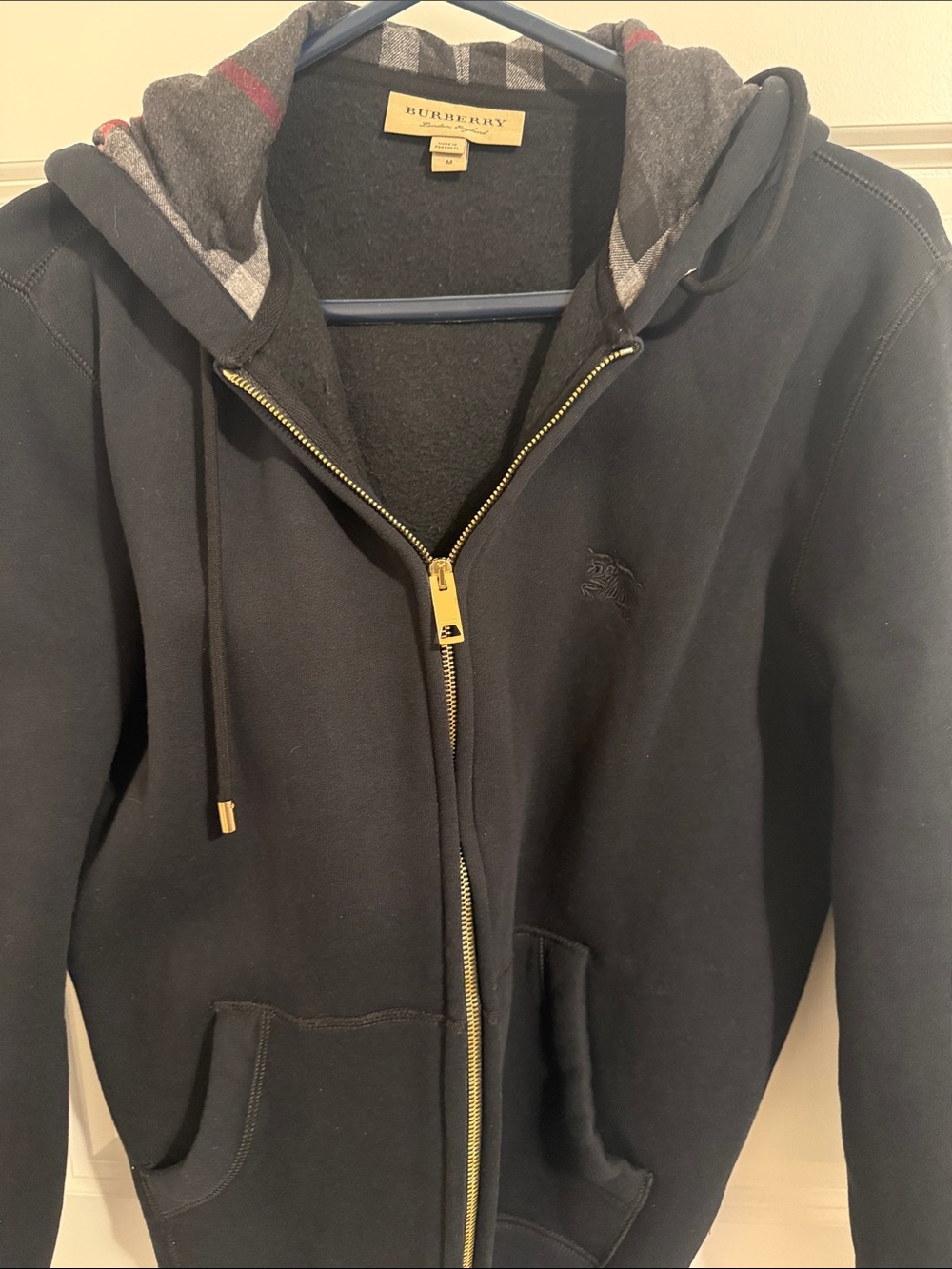 Burberry Black Hooded Zip Jacket with Check-Lined Hood